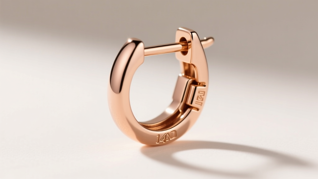 Close-up of a leverback clasp on a 14k rose gold dangle earring, highlighting the secure hinge mechanism and smooth metal closure.