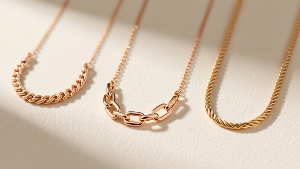 Flat lay of three necklace chains in 14k rose gold showing varying link styles including rope, curb, and classic cable weaves