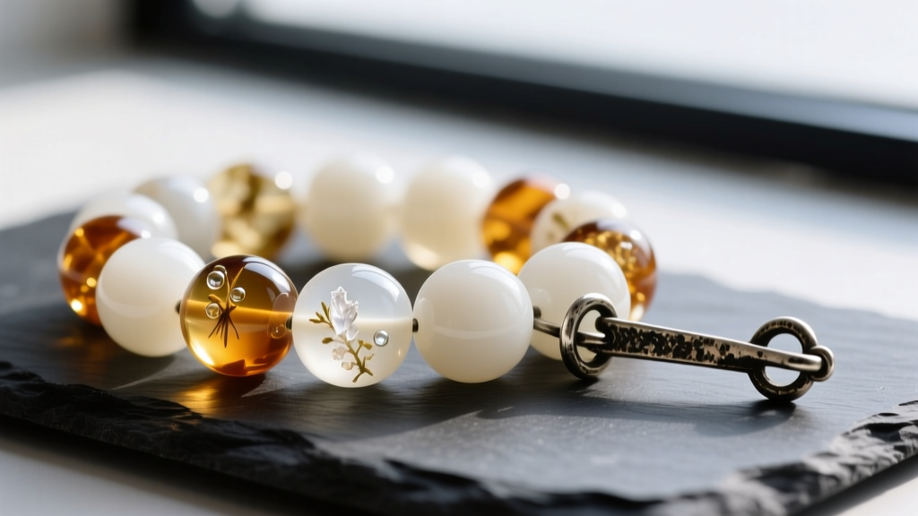 Close-up of opaque buttermilk white amber beads on dark slate, revealing natural inclusions and an oxidized silver clasp.