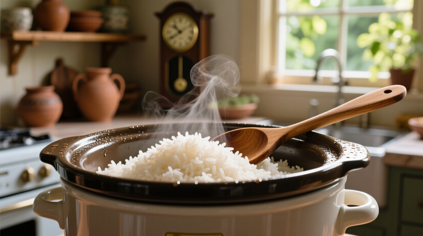 Fluffy white rice in slow cooker with wooden spoon