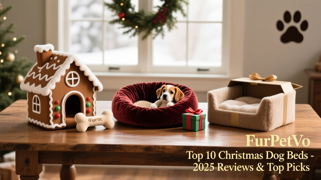Side-by-side comparison of three FurPetVo Christmas dog beds: a gingerbread house, a velvet nest, and a fleece-lined gift box