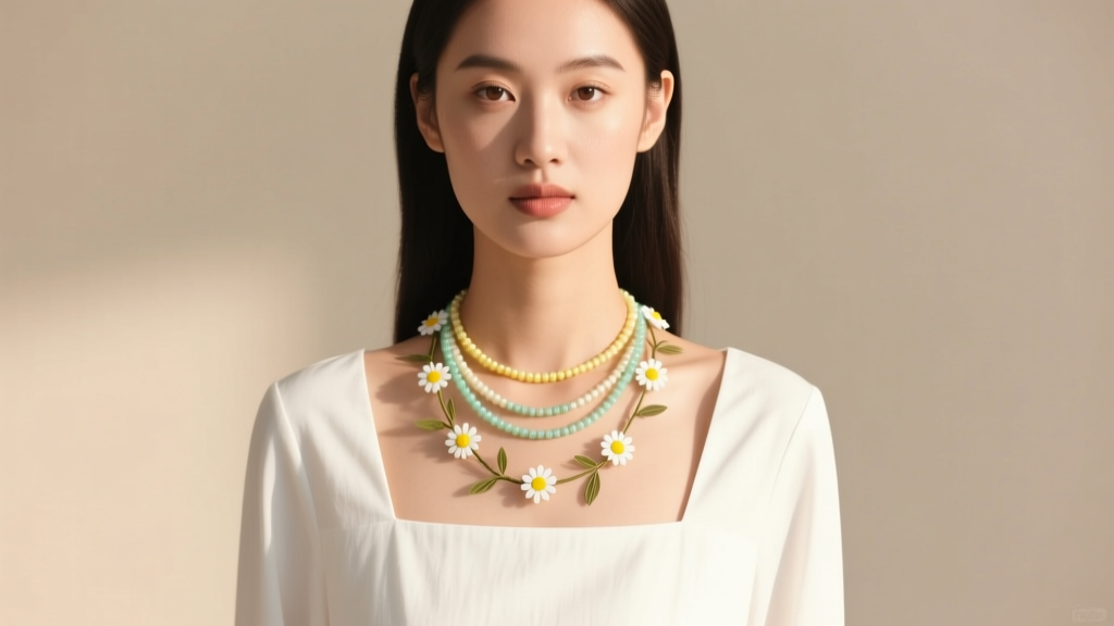 Young woman wearing a layered beaded tiny daisy chain flower necklace with vine and leaves over a white square-neck cotton blouse.