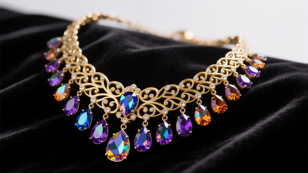 A 1960s gold-tone Park Lane vintage necklace with aurora borealis rhinestones resting on dark velvet under soft studio lighting.