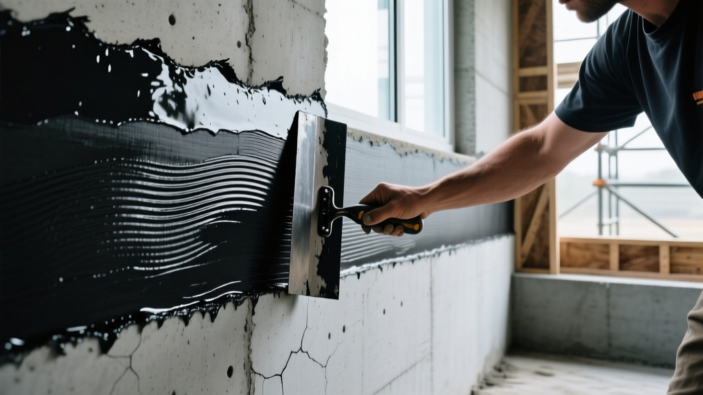 Contractor applying thick black elastomeric exterior waterproofing membrane to a new concrete basement wall with a trowel.