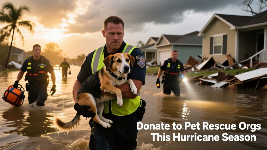 Rescue team carrying a dog from flooded neighborhood during hurricane response