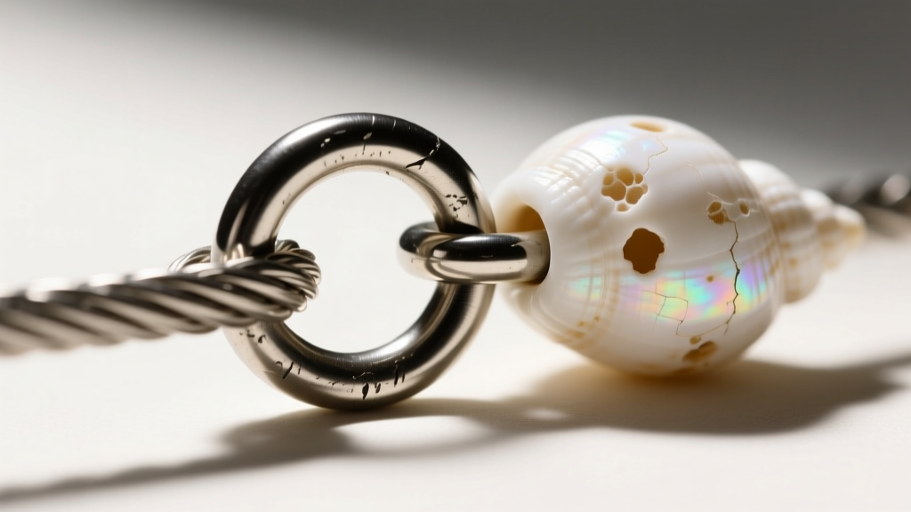 Macro shot of a 14-gauge soldered steel jump ring securely connecting a thick cable chain to a drilled white cowrie shell bail