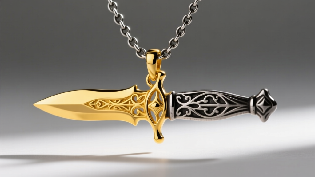 Close-up of a 22k gold dagger charm on an oxidized silver chain, highlighting its rich yellow hue and soft metal surface texture.