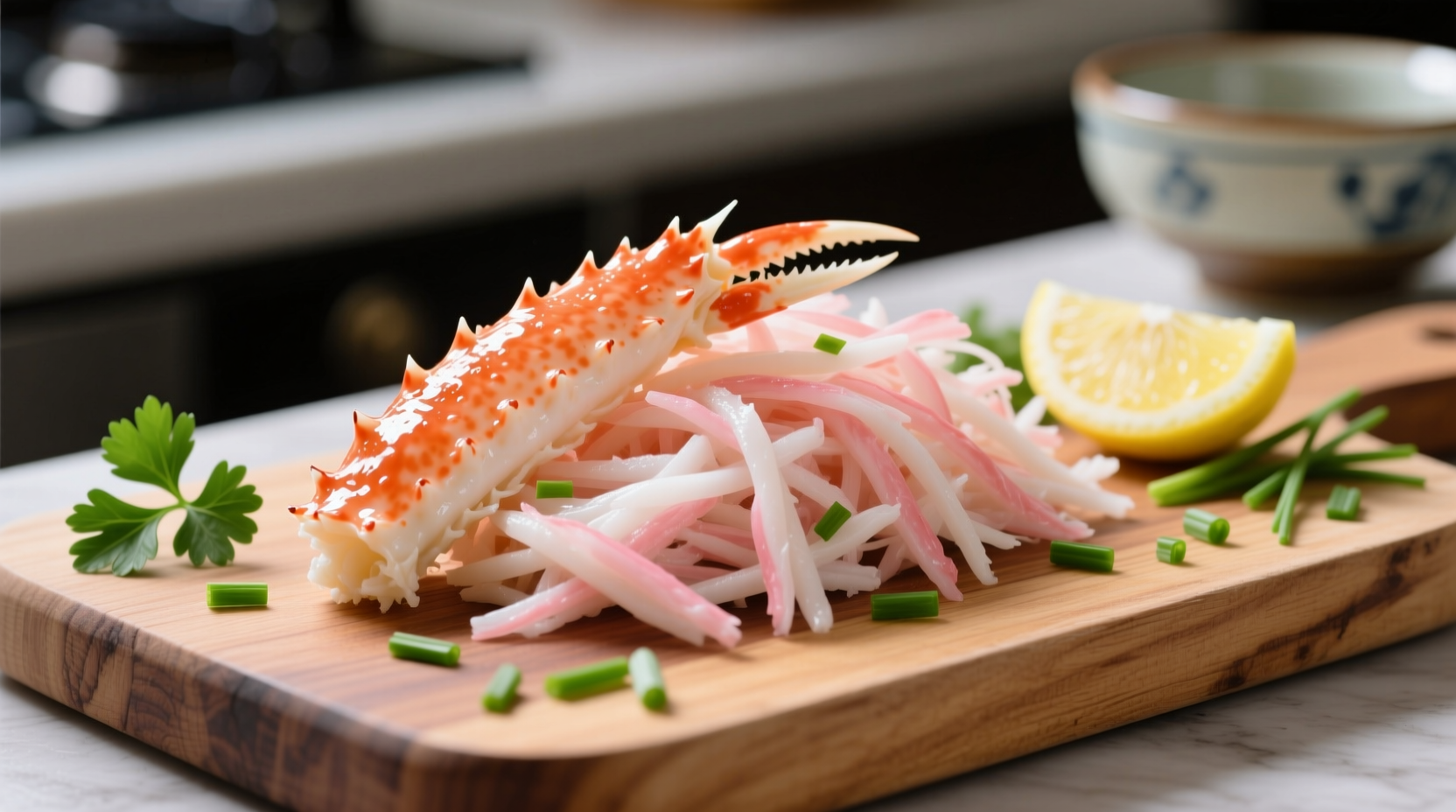 Imitation crab meat preparation on cutting board