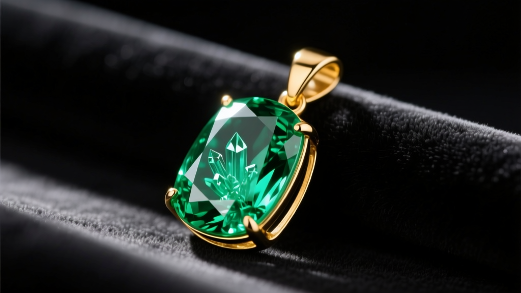 An 18k gold emerald pendant on dark velvet, displaying vivid green color and natural jardin inclusions under soft studio lighting.