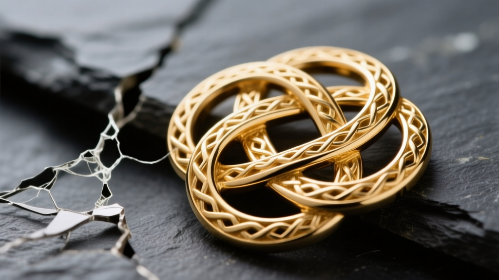 Macro view of a poorly cast Celtic knot with blurred edges beside a sharp deep-relief master-crafted 14k gold knot on dark slate