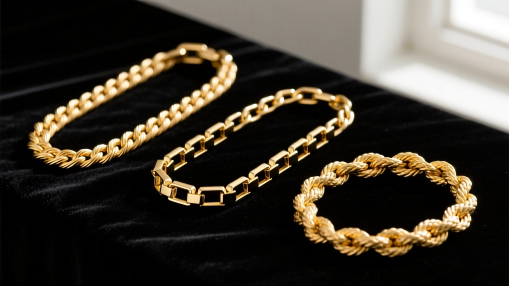 Macro shot comparing three gold chain styles: a classic cable chain, a modern box chain, and a twisted rope chain on dark velvet.