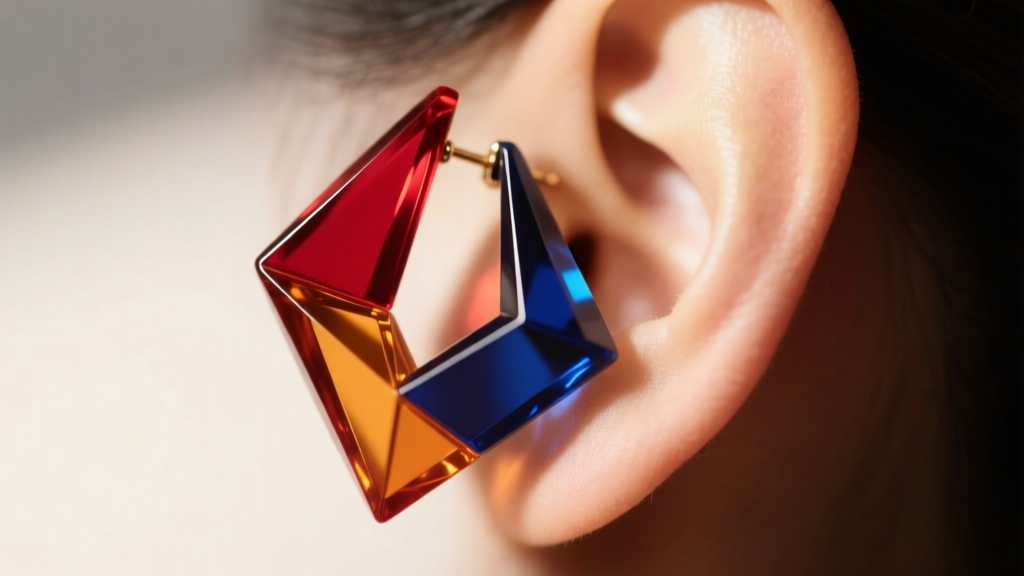 Macro shot of a large lightweight resin geometric statement earring on an earlobe under soft warm directional studio lighting.