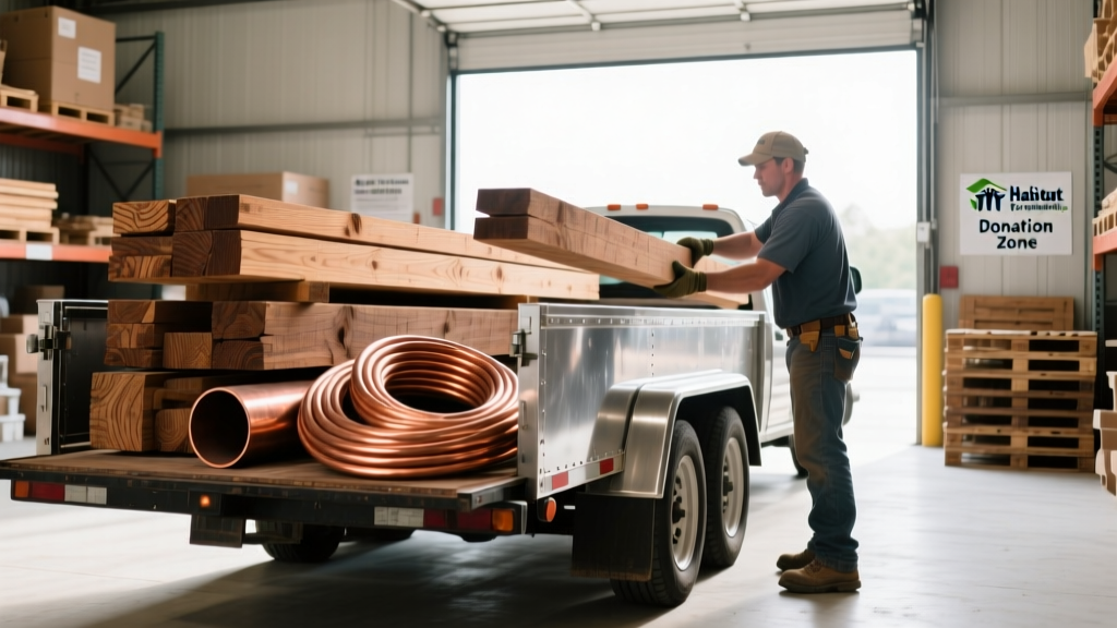 Contractor loading reclaimed dimensional lumber and copper piping into a trailer for a Habitat for Humanity ReStore donation center.