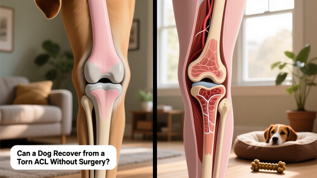 Side-by-side comparison of a healthy dog knee joint versus one with a torn CCL, showing joint instability and early signs of arthritis