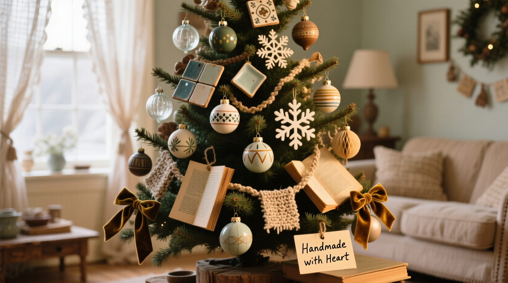 how to style a christmas tree using only thrifted ornaments and upcycled materials