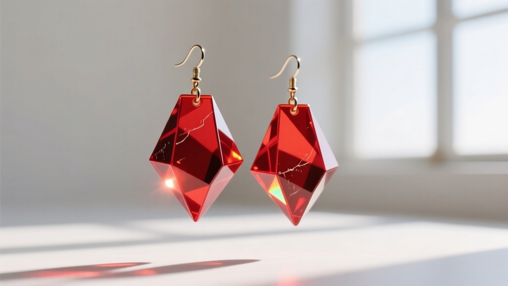 Red lucite 1970s disco earrings in mid-air, showing light reflections and minor surface scratches on their geometric facets.