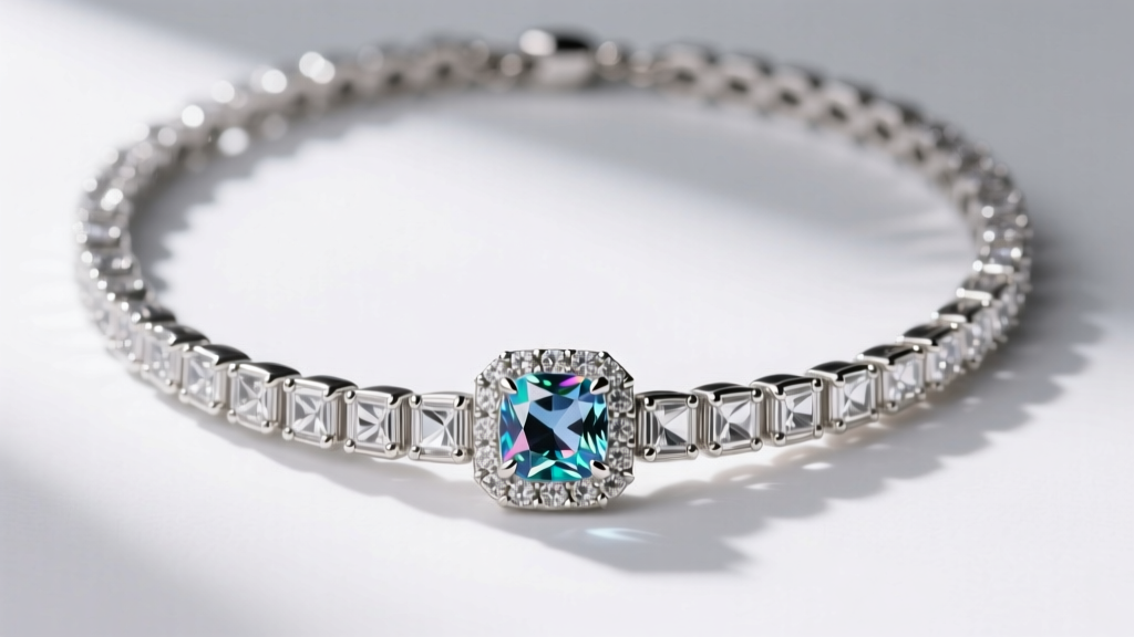 Overhead view of a massive chunky jewel necklace center stone secured in a thick platinum rub-over bezel setting with fine edges.