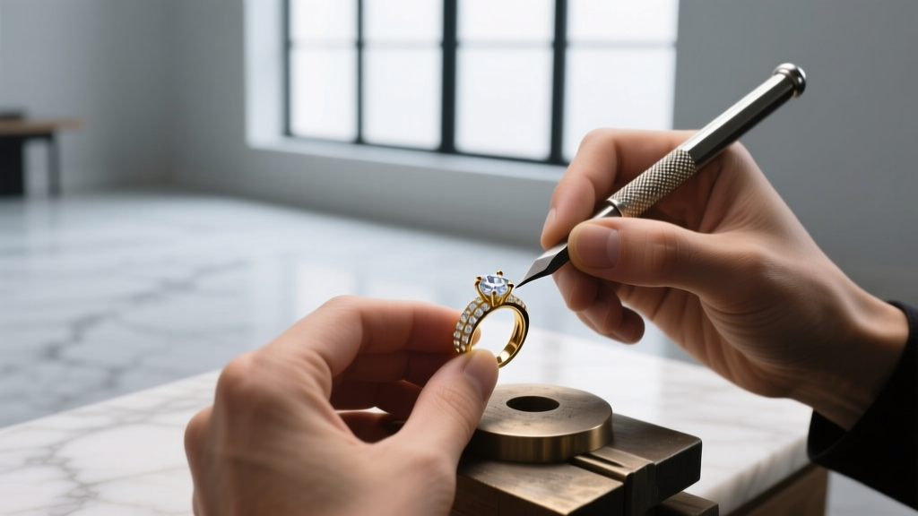 Jeweler's hands using a damp microfiber cloth and mild soap to gently wipe the glass surface of a vintage floral locket necklace
