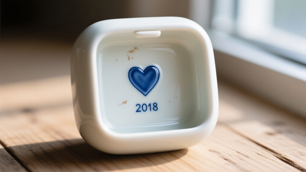 Bottom of a porcelain Precious Moments jewelry box showing blue heart maker mark and stamped year on a neutral wood backdrop