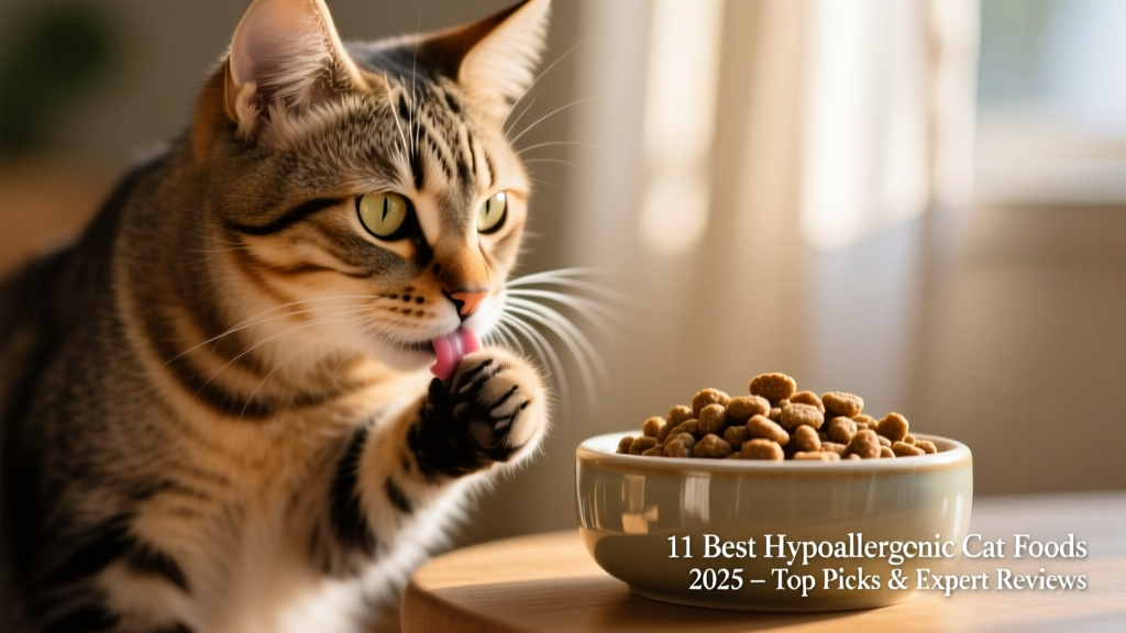 Close-up of a healthy cat licking its paw, with a small bowl of grain-free kibble nearby