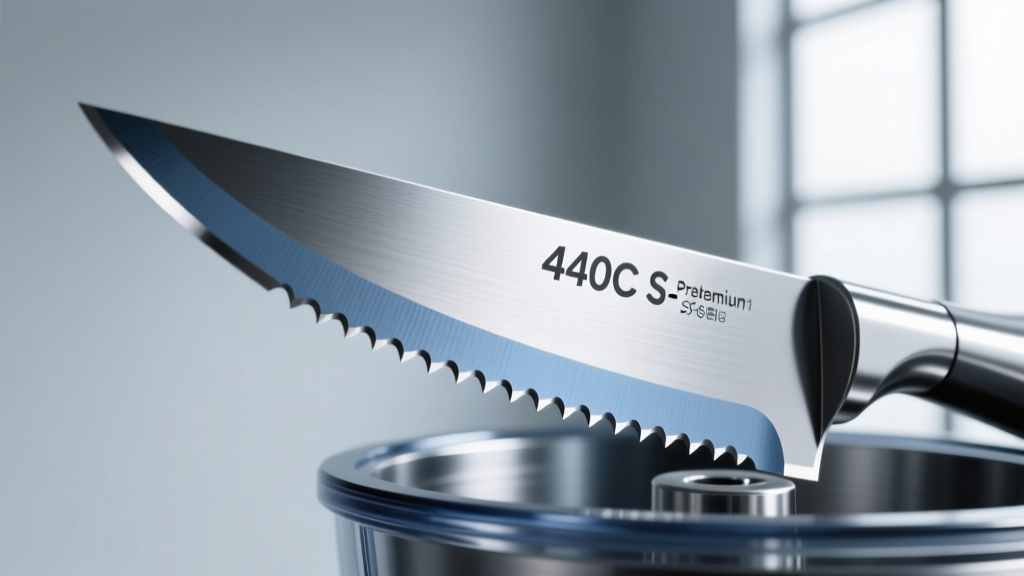 Close-up macro photography of a 440C stainless steel food processor S-blade showing the precise cutting edge and micro-serrations