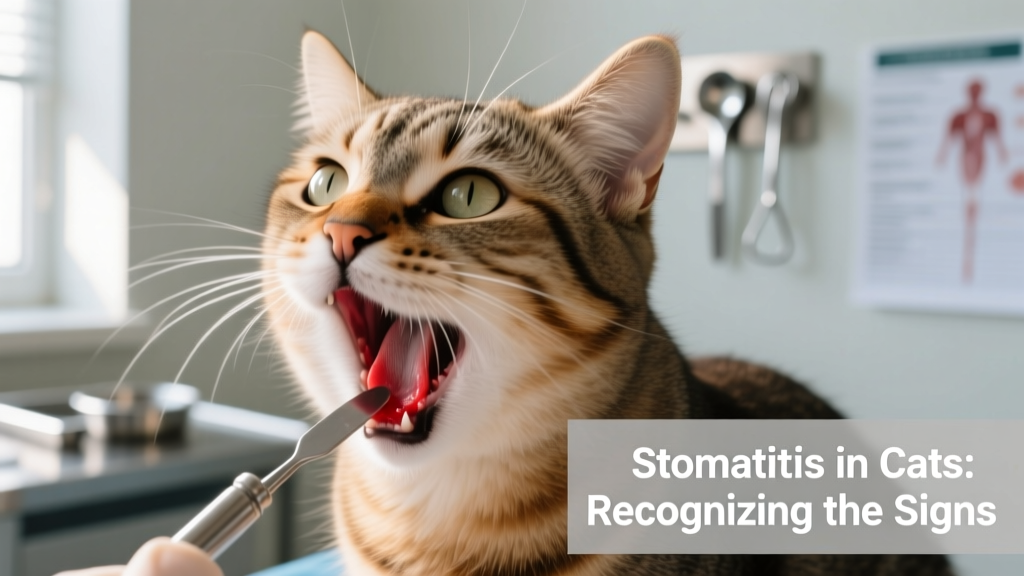 Cat gently opening mouth during a veterinary exam, revealing inflamed tissue at the back of the throat
