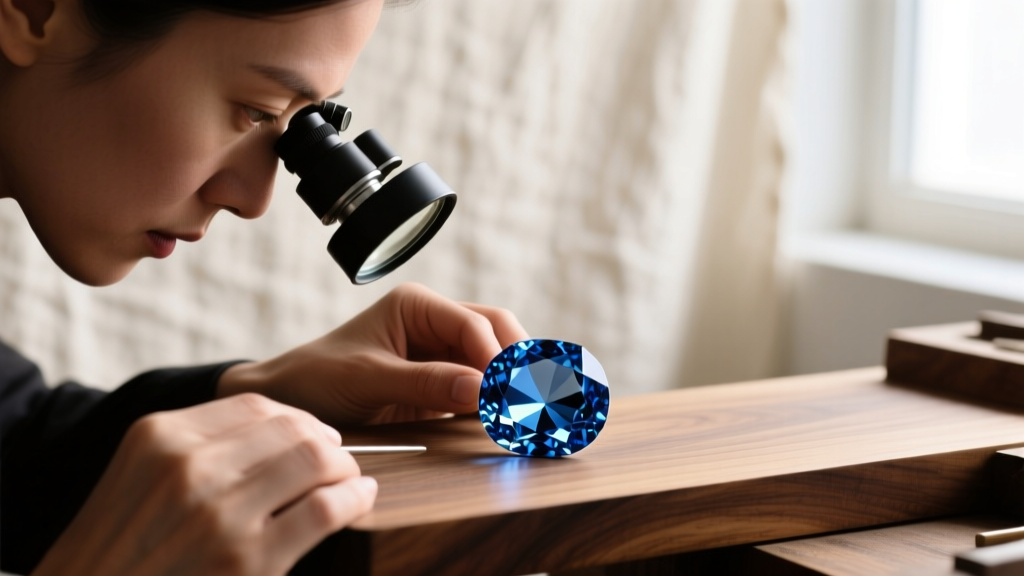 Jeweler using 10x triplet loupe to inspect inclusions of loose blue topaz gemstone on wooden workbench under soft warm lighting.