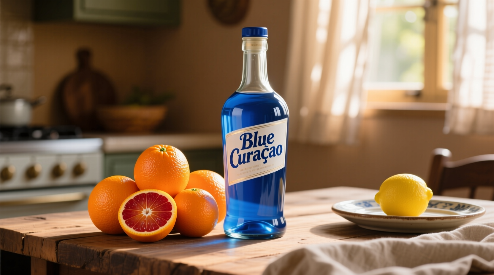 Blue Curaçao bottle next to orange citrus fruits
