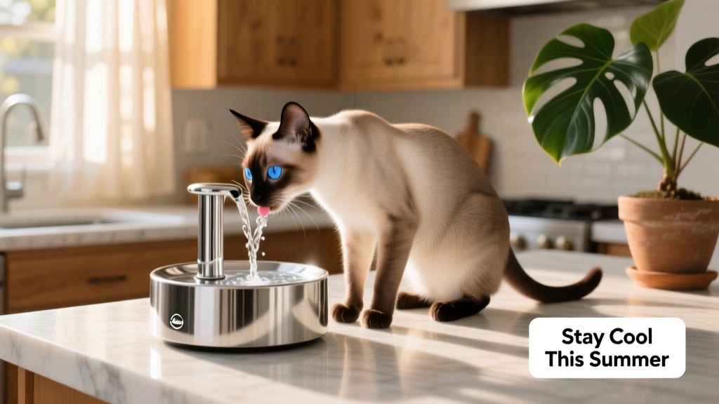 A cat gently licking water from a sleek, modern pet water fountain on the kitchen counter