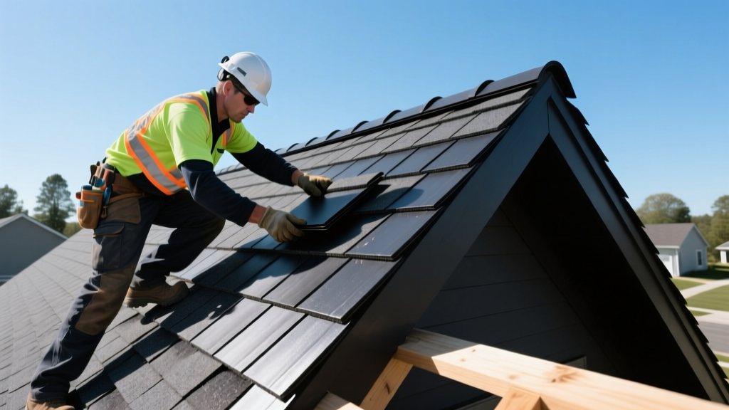 Roofing contractor installing dark charcoal architectural asphalt shingles on a steep residential roof under clear skies