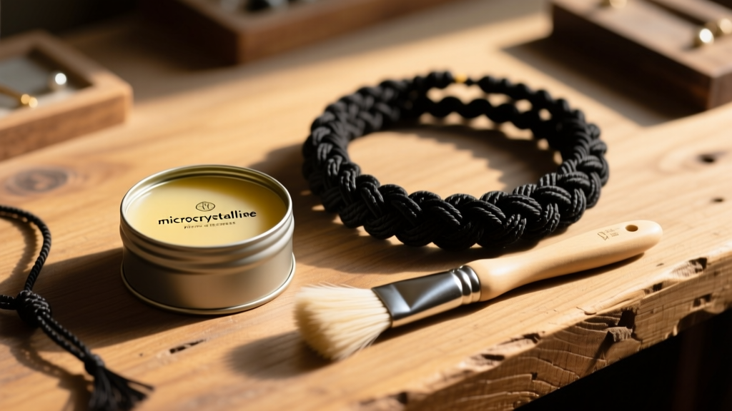 Tin of microcrystalline wax and soft brush next to coiled black macrame necklace on wooden jeweler bench in warm lighting
