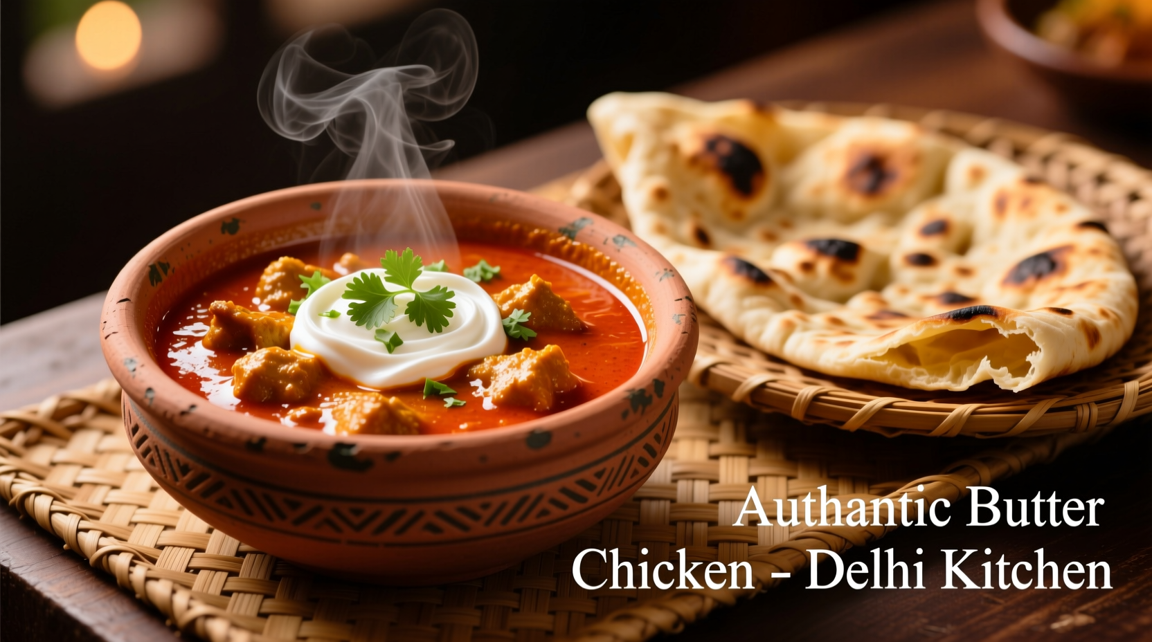 Butter chicken served in traditional clay bowl with naan bread