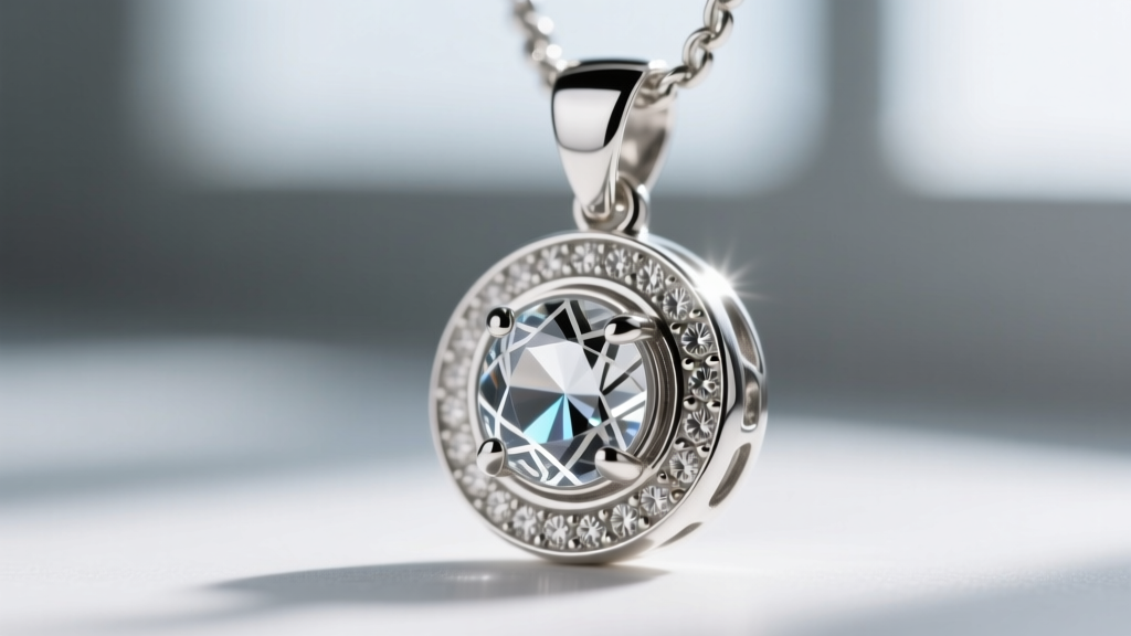 Macro view of sterling silver pendant bezel holding a micro-engraved optical glass bead with bright rhodium plating on the edge