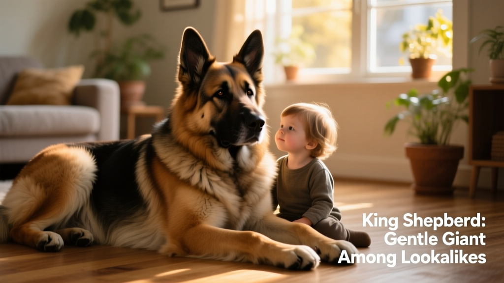 King Shepherd resting calmly beside a child, emphasizing its gentle expression and substantial size