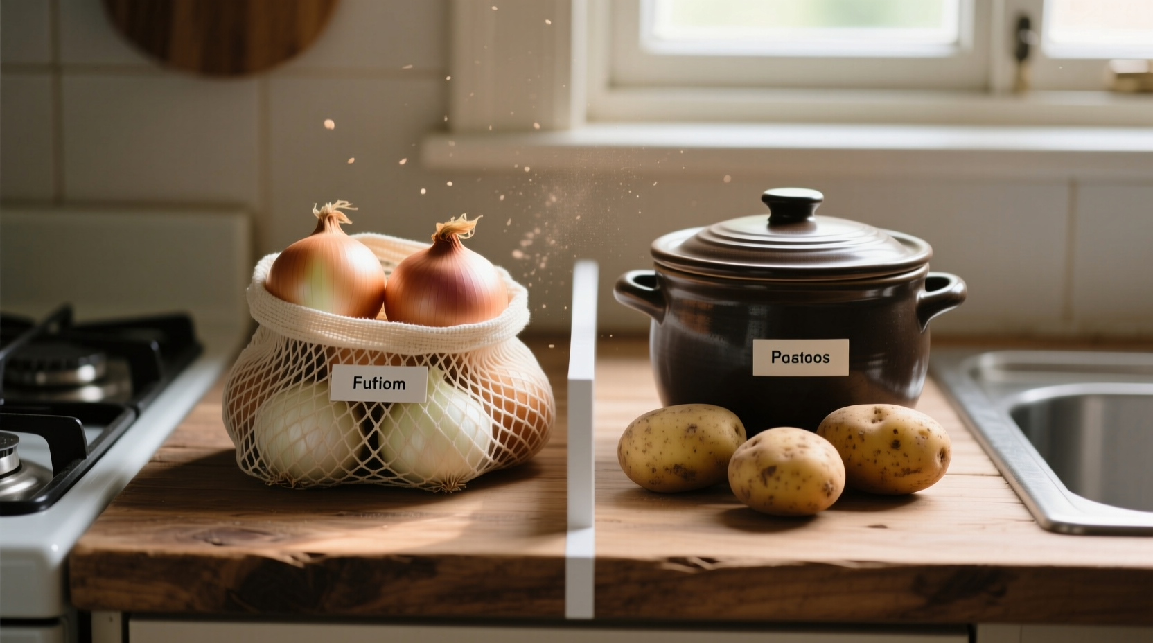 Properly stored onions and potatoes in separate containers