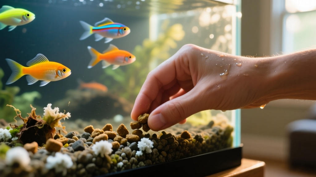 Hand scooping leftover food from aquarium substrate during water change