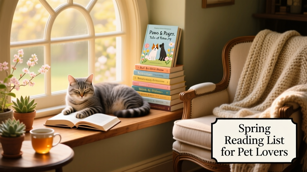 A cozy reading nook with a cat curled on a windowsill and a stack of pet-themed books nearby