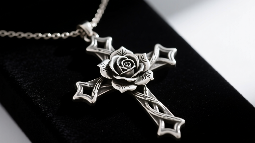 Oxidized sterling silver rosicrucian cross necklace on dark velvet, highlighting the intricate central rose motif and textured arms