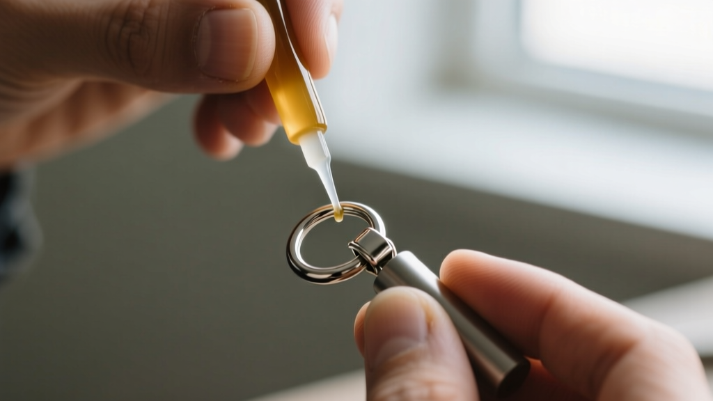 Macro shot of a jeweler applying two-part epoxy to a loose jump ring on a stainless steel magnetic clasp to prevent necklace loss.