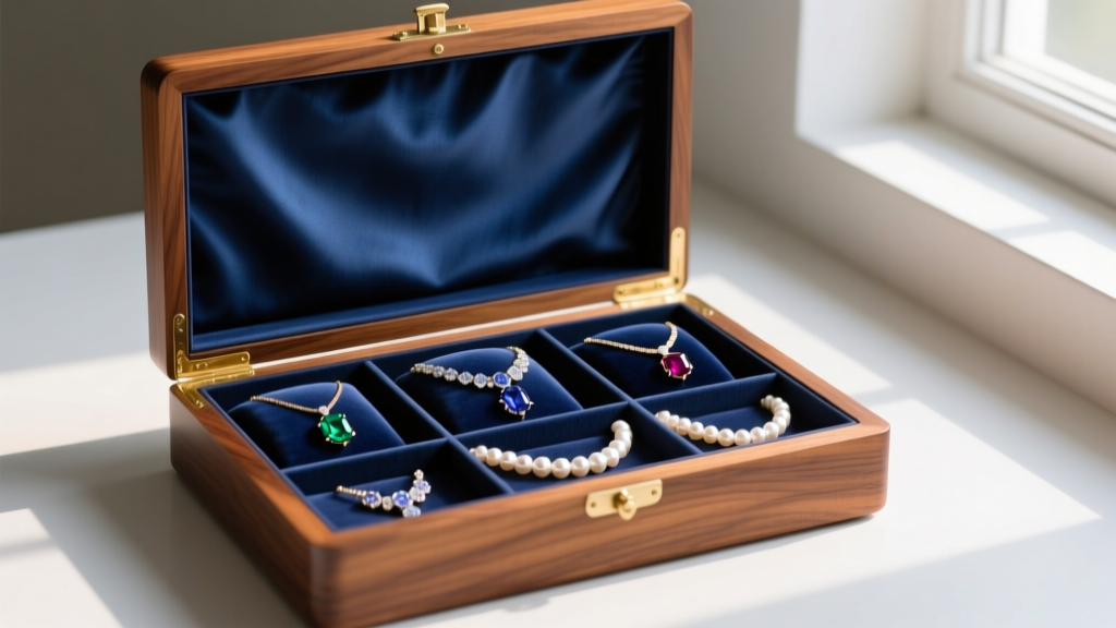 Open wooden jewelry box lined with anti-tarnish cloth, showing separate compartments for high-end gemstone necklaces and pearls.