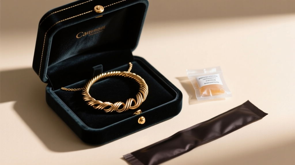 Open velvet box holding a coiled brass lyric necklace, next to a small silica gel packet and a dark anti-tarnish preservation strip.