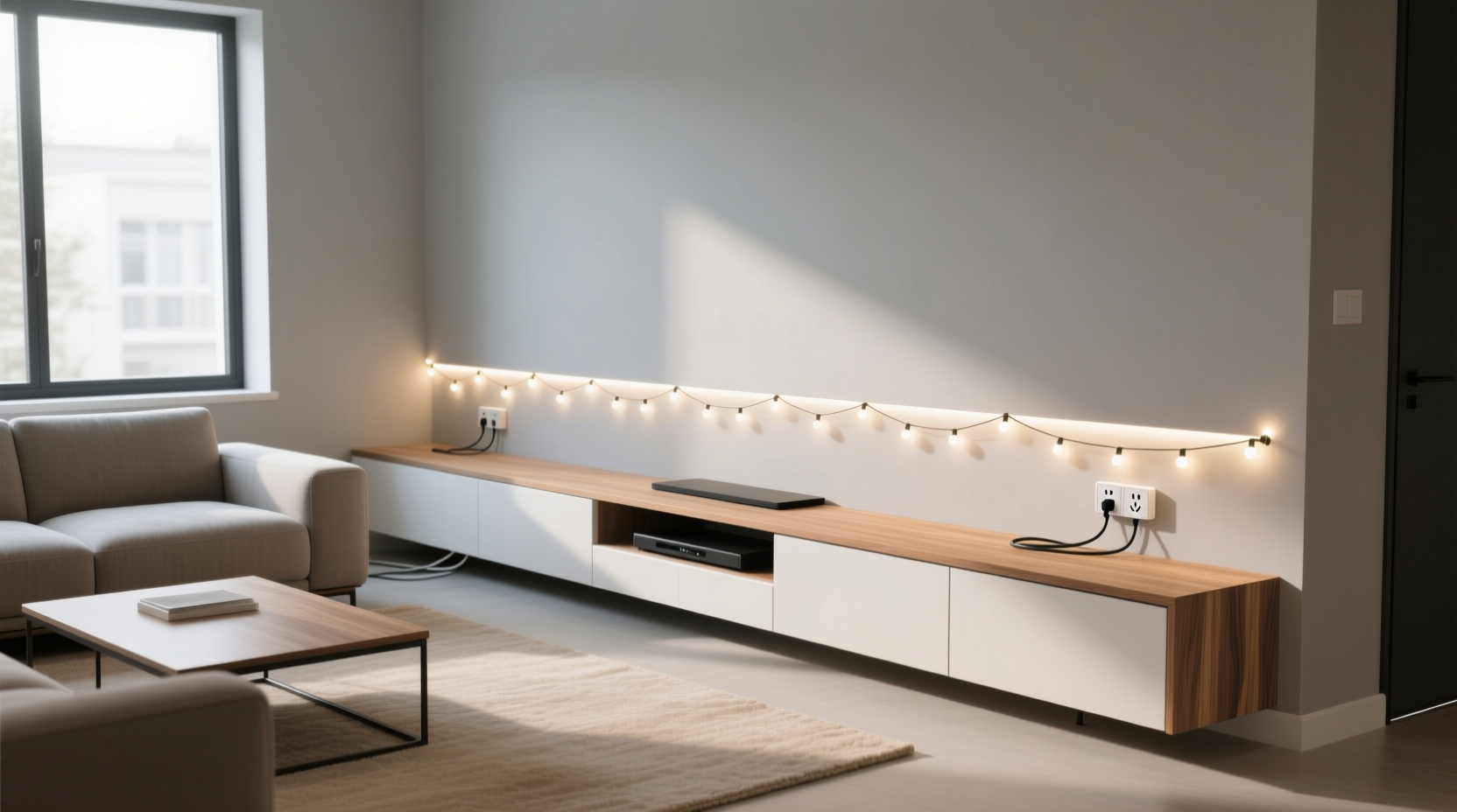 how to hide power bricks for indoor string lights behind furniture