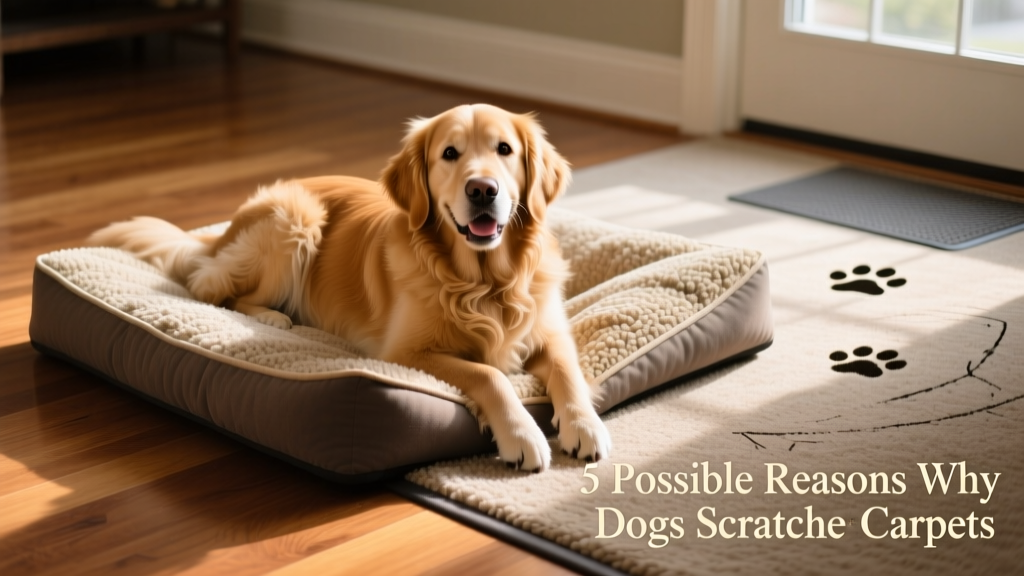 A happy dog resting comfortably on a supportive, textured dog bed placed on hardwood floor beside a protected area of carpet