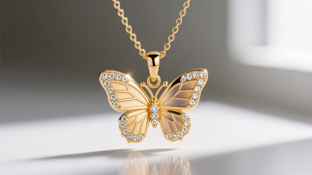Macro shot of a 14k gold dainty butterfly pendant with pave diamond accents and a secure 5mm lobster clasp on a delicate box chain