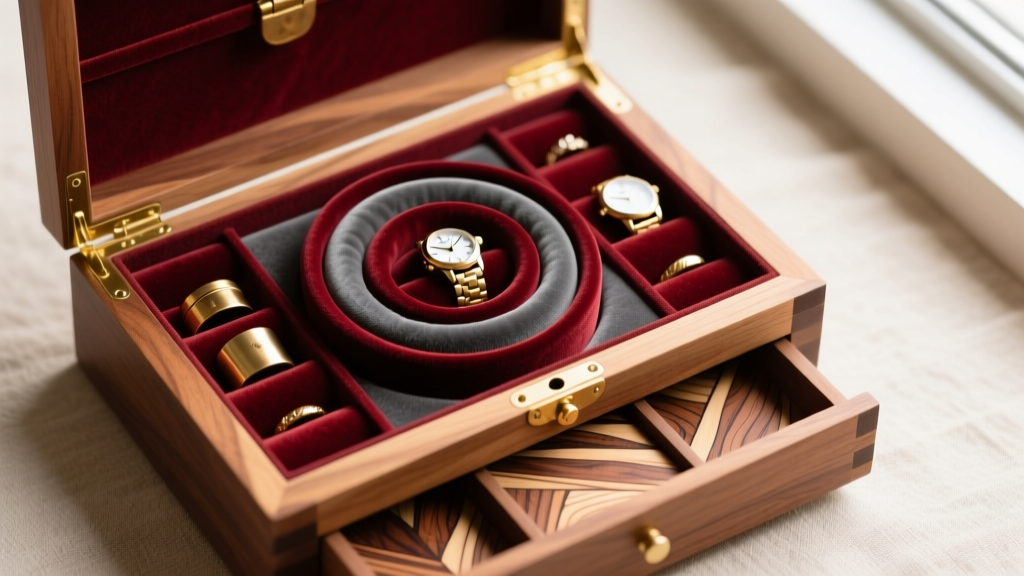 Top-down view of open artisan wooden jewelry box with tiered velvet ring rolls, watch cuffs, and hidden maple veneer compartments