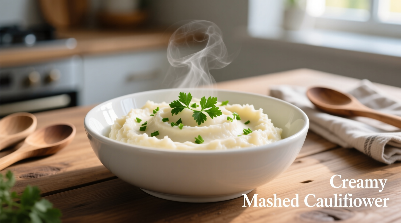 Creamy mashed cauliflower in white bowl with fresh parsley garnish