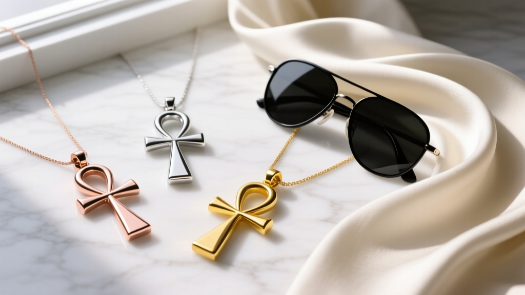 Flat lay of three ankh pendants in rose gold, silver, and yellow gold, arranged on marble next to a silk scarf and sunglasses