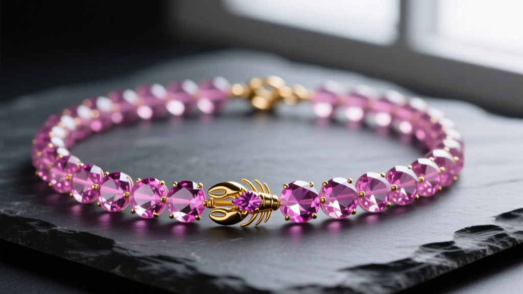 Vibrant pink tourmaline bead necklace on dark slate, showcasing translucent magenta beads and a secure 14k gold lobster clasp.