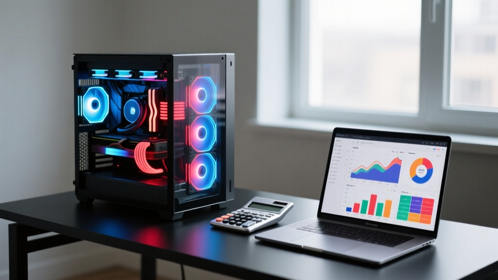 High-end custom water-cooled gaming PC with glowing RGB components sitting on a sleek desk next to a financial calculator and budget spreadsheet