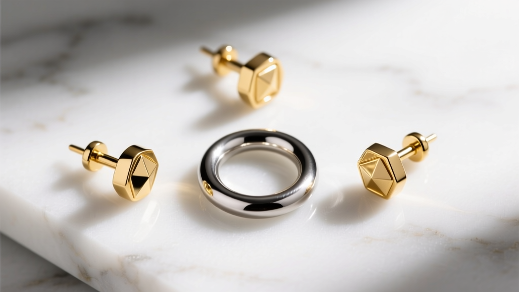 Overhead view of a curated ear project featuring three 14k gold threadless cartilage studs and a single seamless titanium hoop.